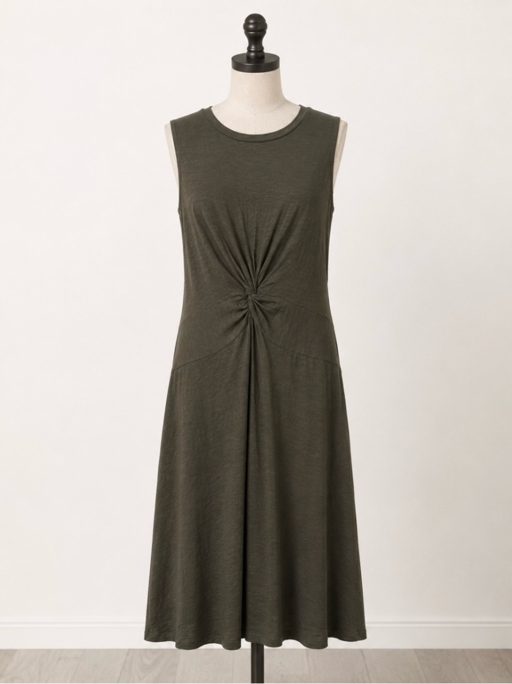 Caslon Olive Green Twist Front Sz L Midi Dress Sleeveless Cotton Boho Lagenlook